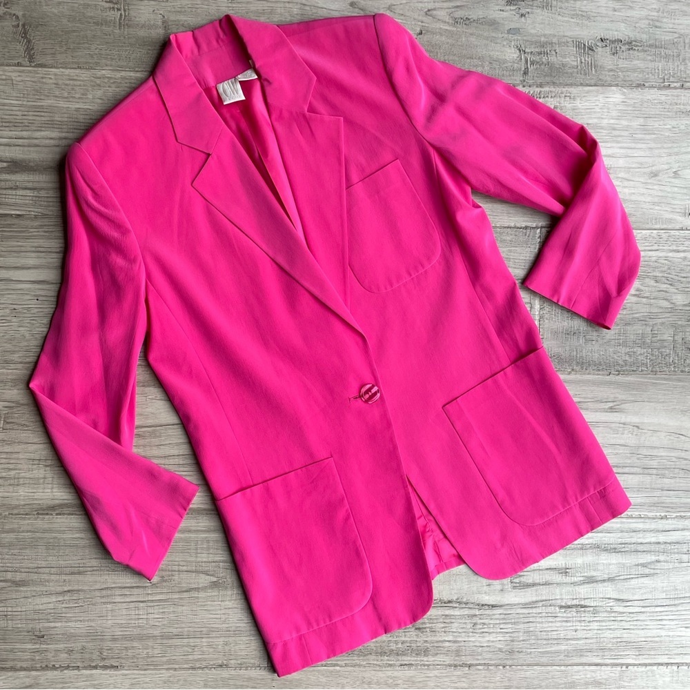 Barbiecore 100% Silk Single Breasted Oversized Blazer Shoulder Pads Bright SZ 4